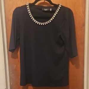Rafaella Black Tee with Embellished Neckline